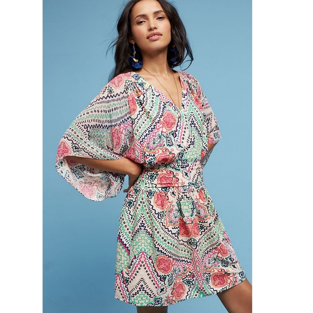 Anthropologie Multicolor Pink Green Floral Print Mini Dress